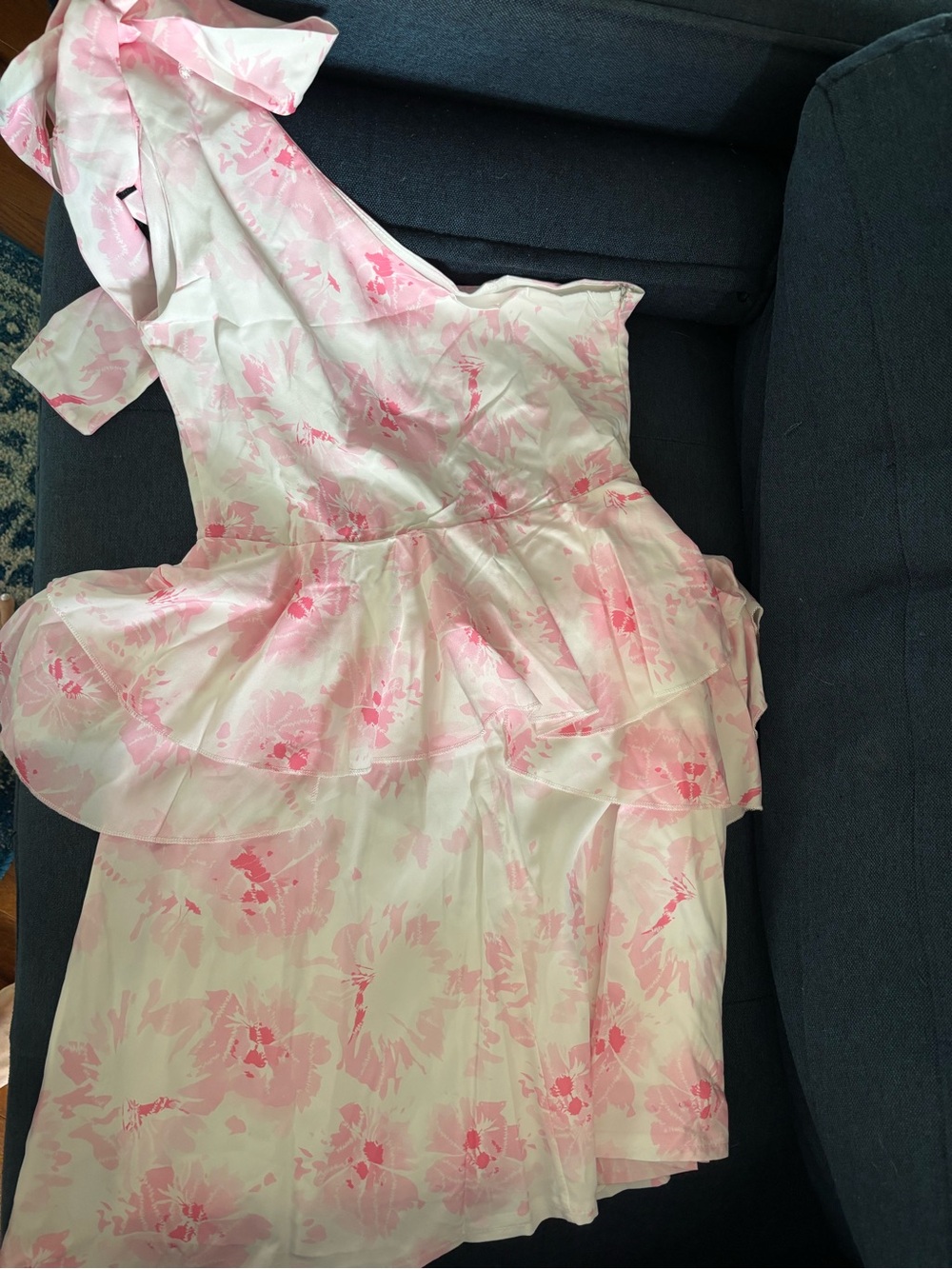 One-Shoulder Pink Floral Girls' Formal Dress with Peplum
